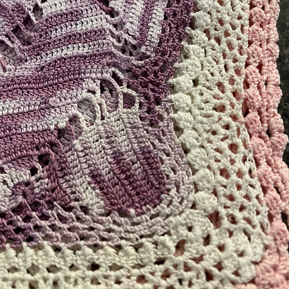 Vintage Hand Crocheted Table Runner/ 58” long x 19” wide Granny Core Pink Purple